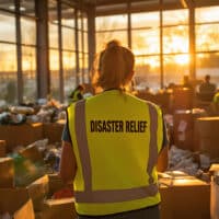 Disaster relief worker with boxes of food