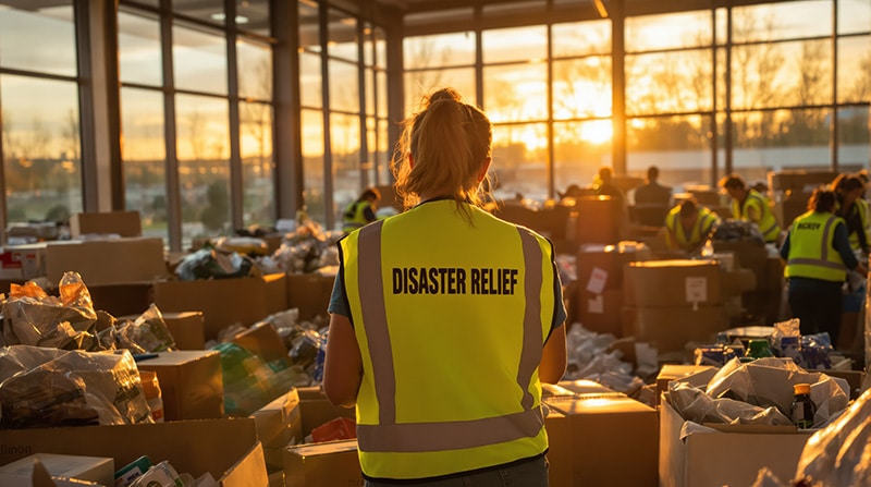saDisaster relief worker with boxes of food Disaster relief worker with boxes of food