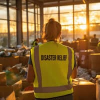 Disaster relief worker with boxes of food