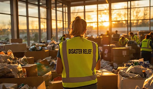 Disaster relief worker with boxes of food